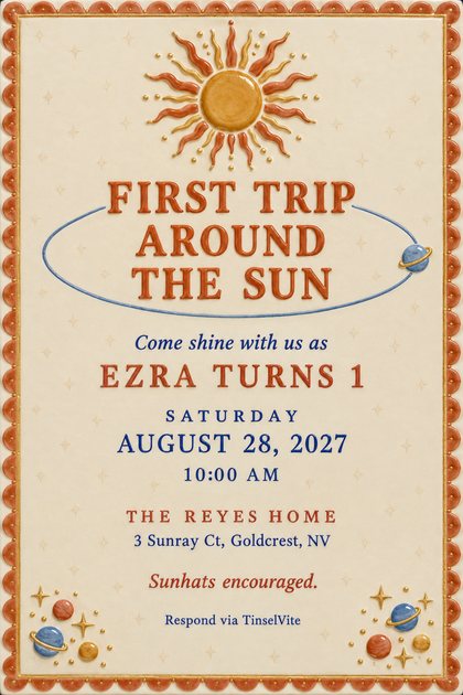 First birthday invitation on a cream glazed tile with a terracotta scallop border, a raised sun, a blue orbit around the title First Trip Around the Sun, and planets in the corners.
