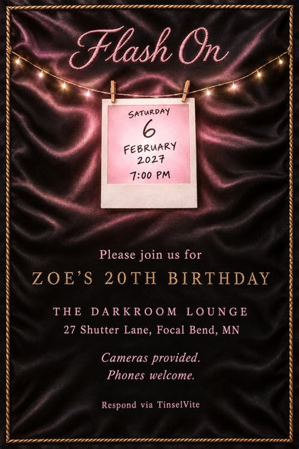 Black silk card with gold rope trim and a swag of fairy lights. An instant photo in a white frame hangs from two wooden clothespins with a handwritten date. Pink script reads Flash On; gold capitals read ZOE'S 20TH BIRTHDAY, with the venue below.
