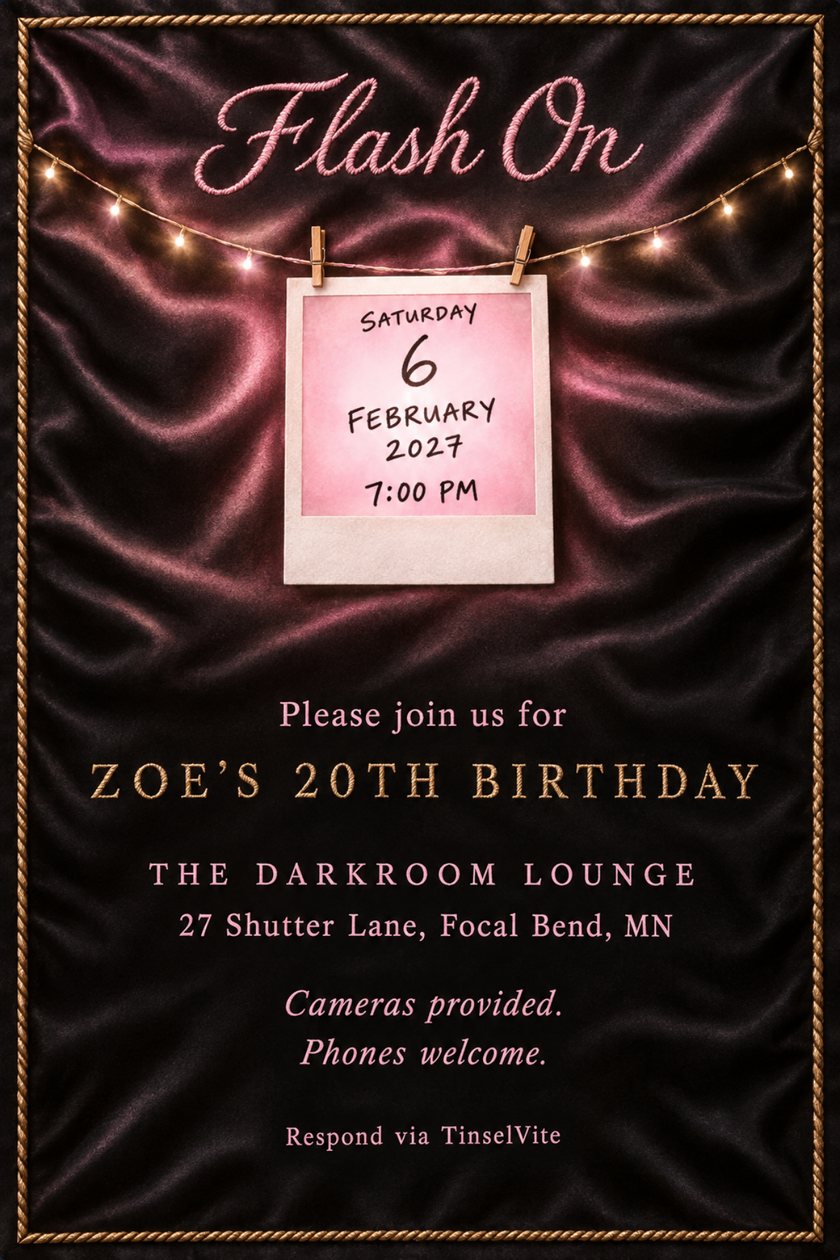 Black silk card with gold rope trim and a swag of fairy lights. An instant photo in a white frame hangs from two wooden clothespins with a handwritten date. Pink script reads Flash On; gold capitals read ZOE'S 20TH BIRTHDAY, with the venue below.