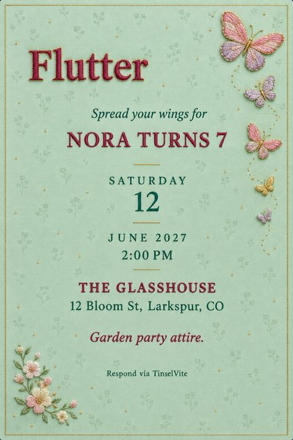 Mint sateen birthday invitation with embroidered pink, lilac and gold butterflies down the right side, blossoms in the corner, and the title Flutter, with the date and venue below.