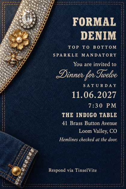 Indigo denim card. Top left: a rhinestone lapel with crystal, gold flower and bee brooches and a gold chain; a denim cuff with rhinestones and gold button below. Cream type reads Formal Denim.