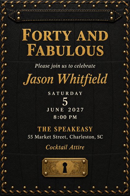 Birthday invitation in black leather with gold rope trim, brass studs and a stitched strap, a brass keyhole plate below, headed Forty and Fabulous, with the date and venue.