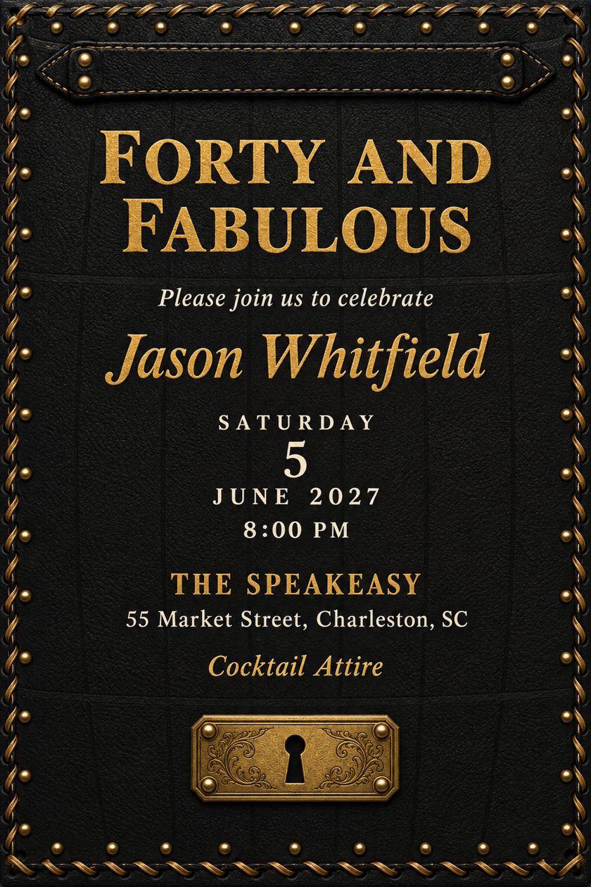 Birthday invitation in black leather with gold rope trim, brass studs and a stitched strap, a brass keyhole plate below, headed Forty and Fabulous, with the date and venue.