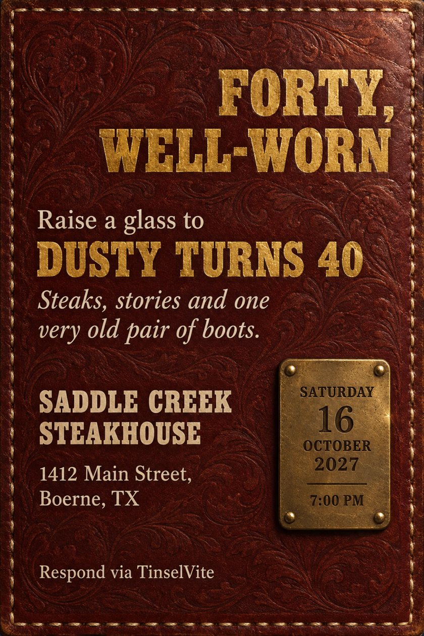 Birthday invitation: Dark oxblood leather card tooled with floral scrollwork and cream saddle stitching, gilt slab capitals reading FORTY, WELL-WORN and DUSTY TURNS 40, with a riveted brass plate holding the date.