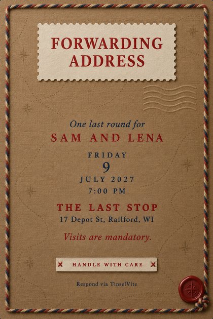 Going away invitation on brown kraft paper with a red and navy airmail border, a white shipping label reading Forwarding Address, three stamps and a postmark, details below.