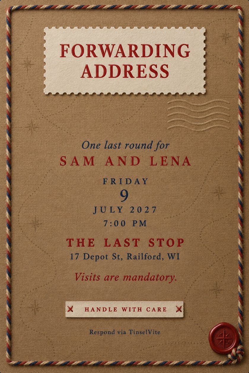 Going away invitation on brown kraft paper with a red and navy airmail border, a white shipping label reading Forwarding Address, three stamps and a postmark, details below.