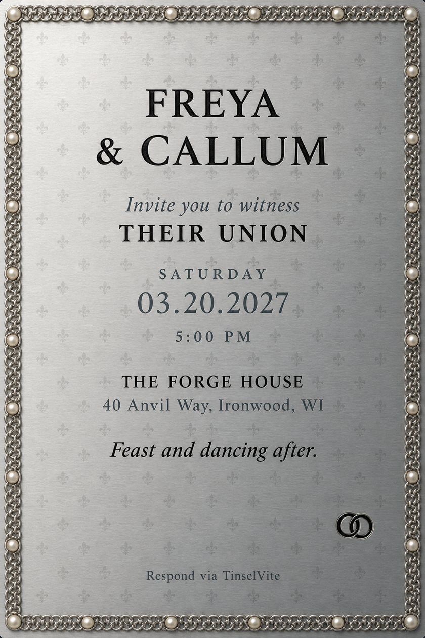 Wedding invitation on brushed silver with a chainmail and pearl border, a faint fleur-de-lis pattern, two engraved rings and the names in black capitals, date and venue below.