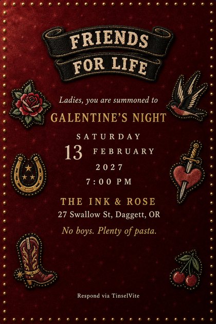 Galentine's night invitation on oxblood velvet with a black embroidered banner reading Friends for Life, tattoo flash patches down the sides, and the date and venue below.