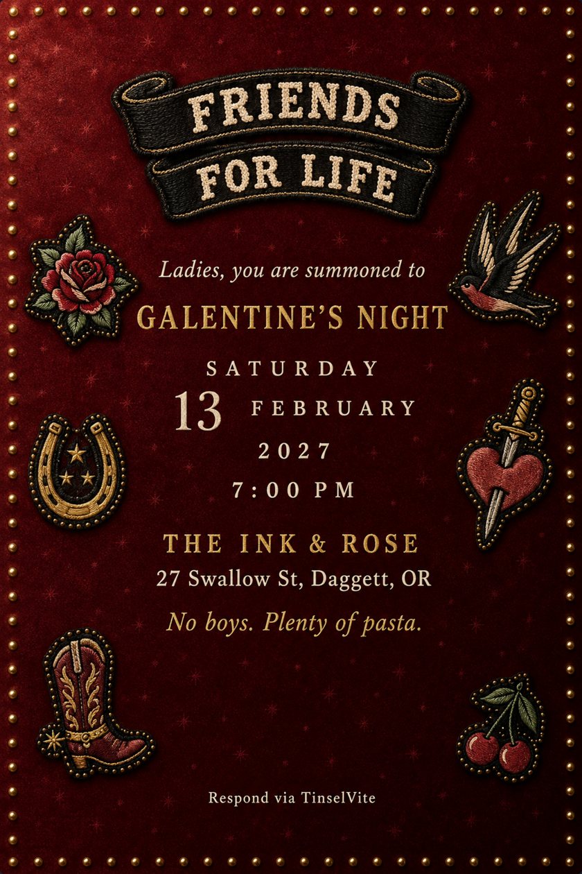 DW9 · FRIENDS / FOR LIFE (galentine's night) just because invitation: Galentine's night invitation on oxblood velvet with a black embroidered banner reading Friends for Life, tattoo flash patches down the sides, and the date and venue below.