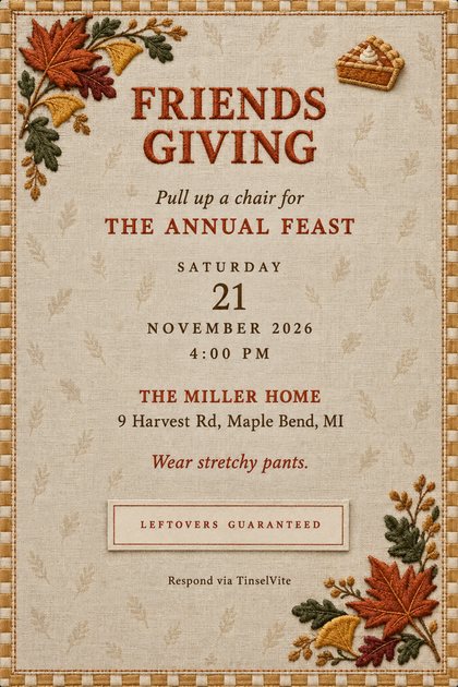 Friendsgiving dinner party invitation on oatmeal linen with rust embroidered FRIENDS GIVING lettering, a stitched pie slice, a hemstitched border, a folded place card, date and venue below.