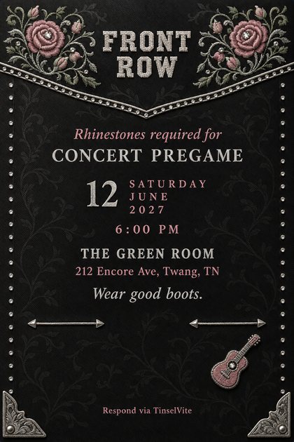 Concert pregame invitation on black wool with pink embroidered roses, a rhinestone-trimmed yoke, a pink guitar patch and the title Front Row, with the date and venue below.