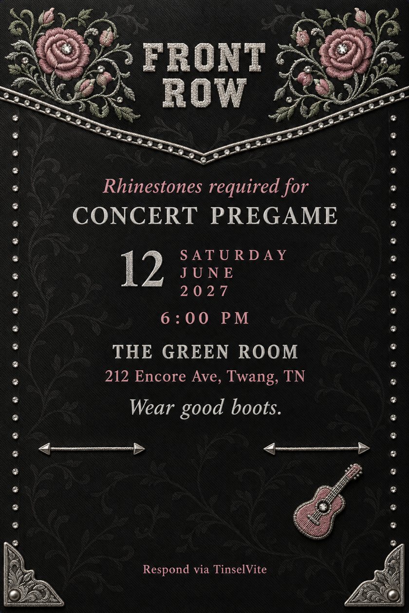 DW3 · FRONT / ROW (concert pregame) just because invitation: Concert pregame invitation on black wool with pink embroidered roses, a rhinestone-trimmed yoke, a pink guitar patch and the title Front Row, with the date and venue below.