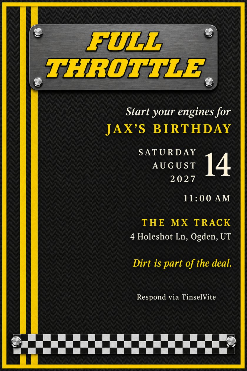 Motocross birthday invitation on black carbon fibre with yellow border and stripes, a brushed metal plate reading Full Throttle, a checkered band, and the date and venue below.