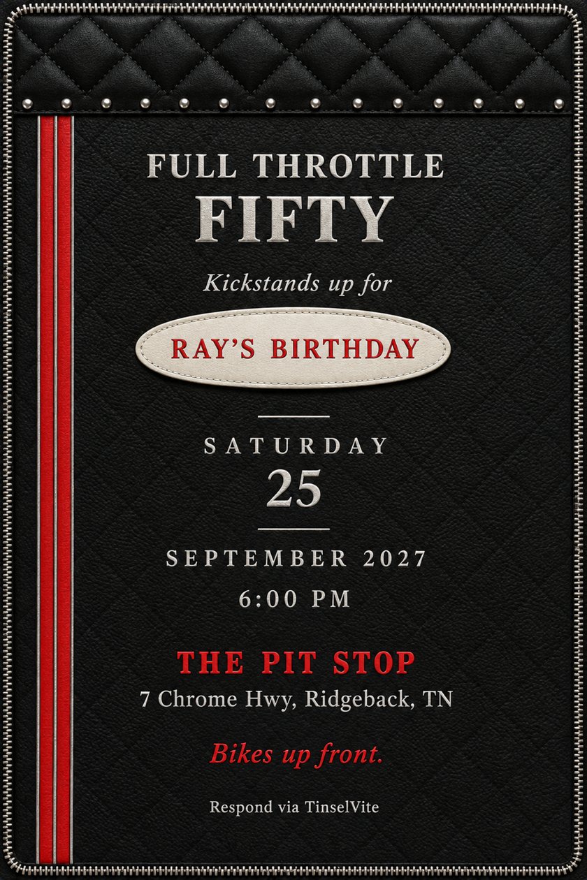 Birthday invitation on black leather with a quilted top band, steel studs, two red racing stripes and a white oval name patch. Largest wording: Full Throttle Fifty.