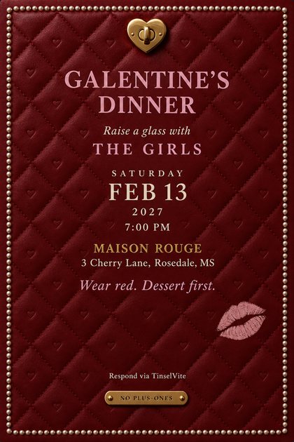 Galentine's dinner invitation on deep red quilted leather with a gold heart clasp, pearl border, blush lipstick kiss and Galentine's Dinner in pink capitals, date and venue below.