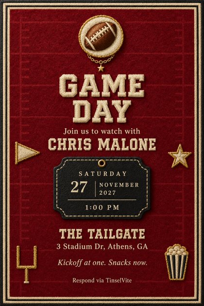 Crimson felt card with a cream border. Football patch on a gold chain, pennant, star, goalpost and popcorn. Cream GAME DAY above a black ticket tag with date and time, venue below.