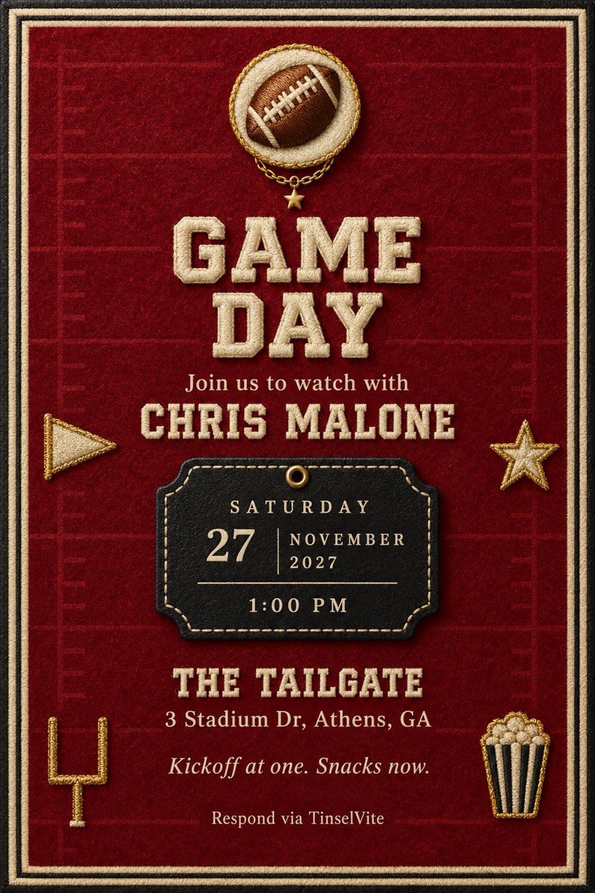 Watch party invitation: Crimson felt card with a cream border. Football patch on a gold chain, pennant, star, goalpost and popcorn. Cream GAME DAY above a black ticket tag with date and time, venue below.