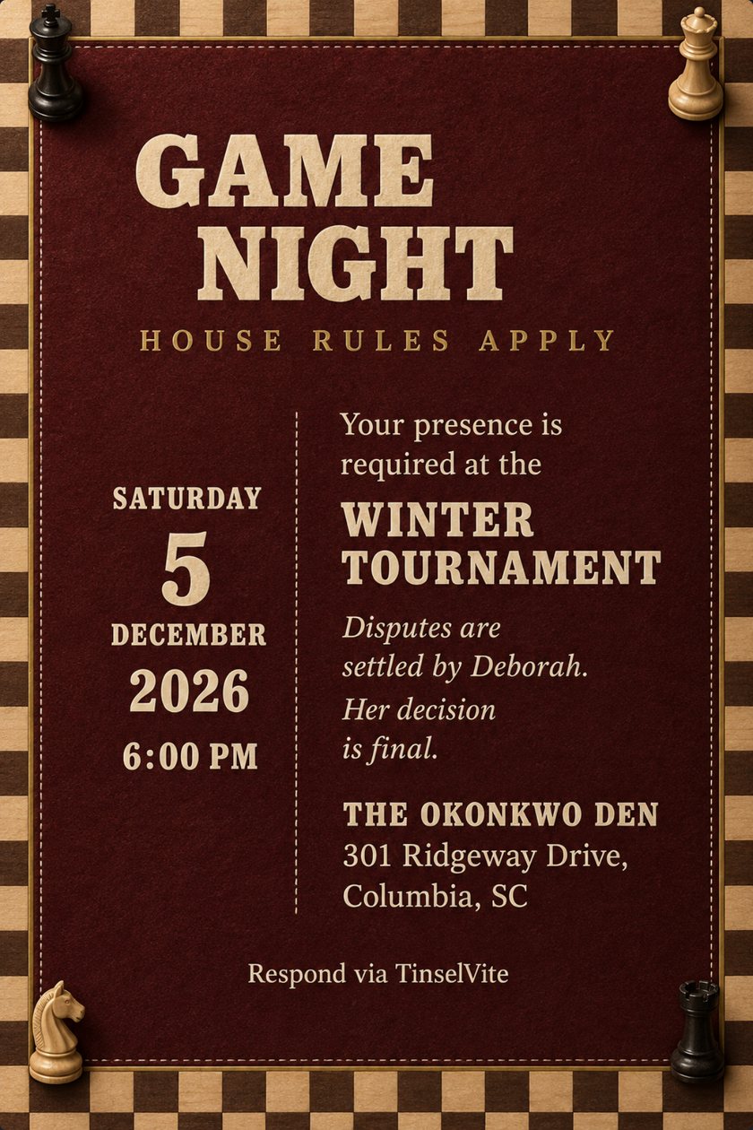 Oxblood felt card inside a maple and walnut chessboard border, with a wooden king, queen, knight and rook in the corners. Cream slab capitals read GAME NIGHT above HOUSE RULES APPLY, date and venue below.