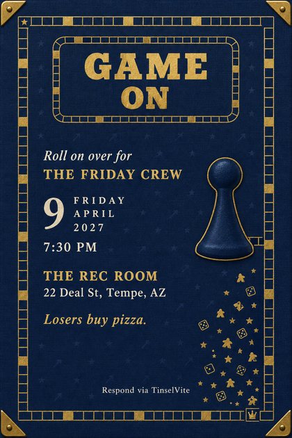 Game night invitation in navy book cloth with a gold foil game track border, a raised navy pawn, small gold dice and meeples, and GAME ON in gold, with the date and venue below.