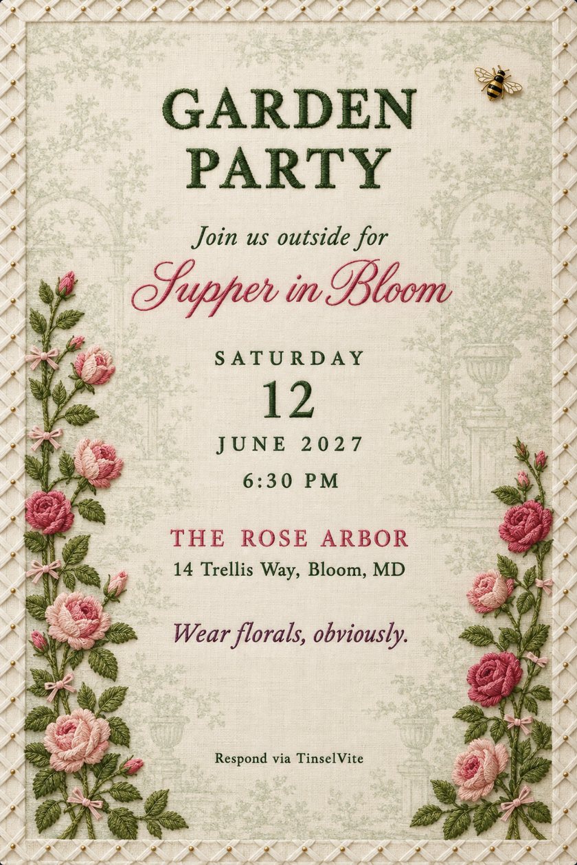 Garden dinner party invitation on ivory linen with a white trellis border, embroidered pink roses climbing both sides, a gold bee pin, and the title Garden Party, date and venue below.