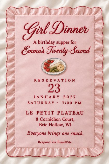 Pink card with a ruffled satin edge, embroidered in cherry red: script title 'Girl Dinner', Emma's birthday supper, a plate of brie, tomatoes and cornichons, then date and venue.