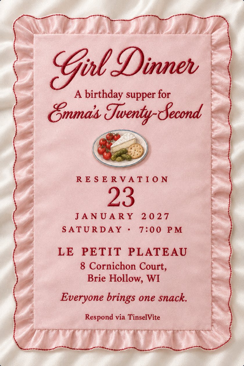 Pink card with a ruffled satin edge, embroidered in cherry red: script title 'Girl Dinner', Emma's birthday supper, a plate of brie, tomatoes and cornichons, then date and venue.