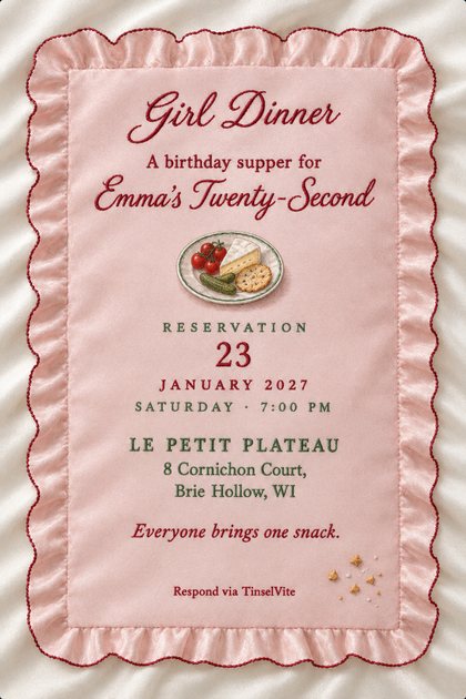 Pink ruffled card with red embroidered script reading Girl Dinner, a small plate of brie, cornichons, a cracker and tomatoes, then the date in red and the venue in green.
