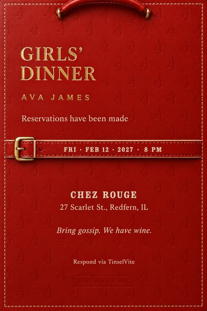 Red leather card with a rolled top handle on gold rings, a buckled strap across the middle and a faint repeating AJ monogram. Cream and gold capitals read GIRLS' DINNER, with the date and venue below.