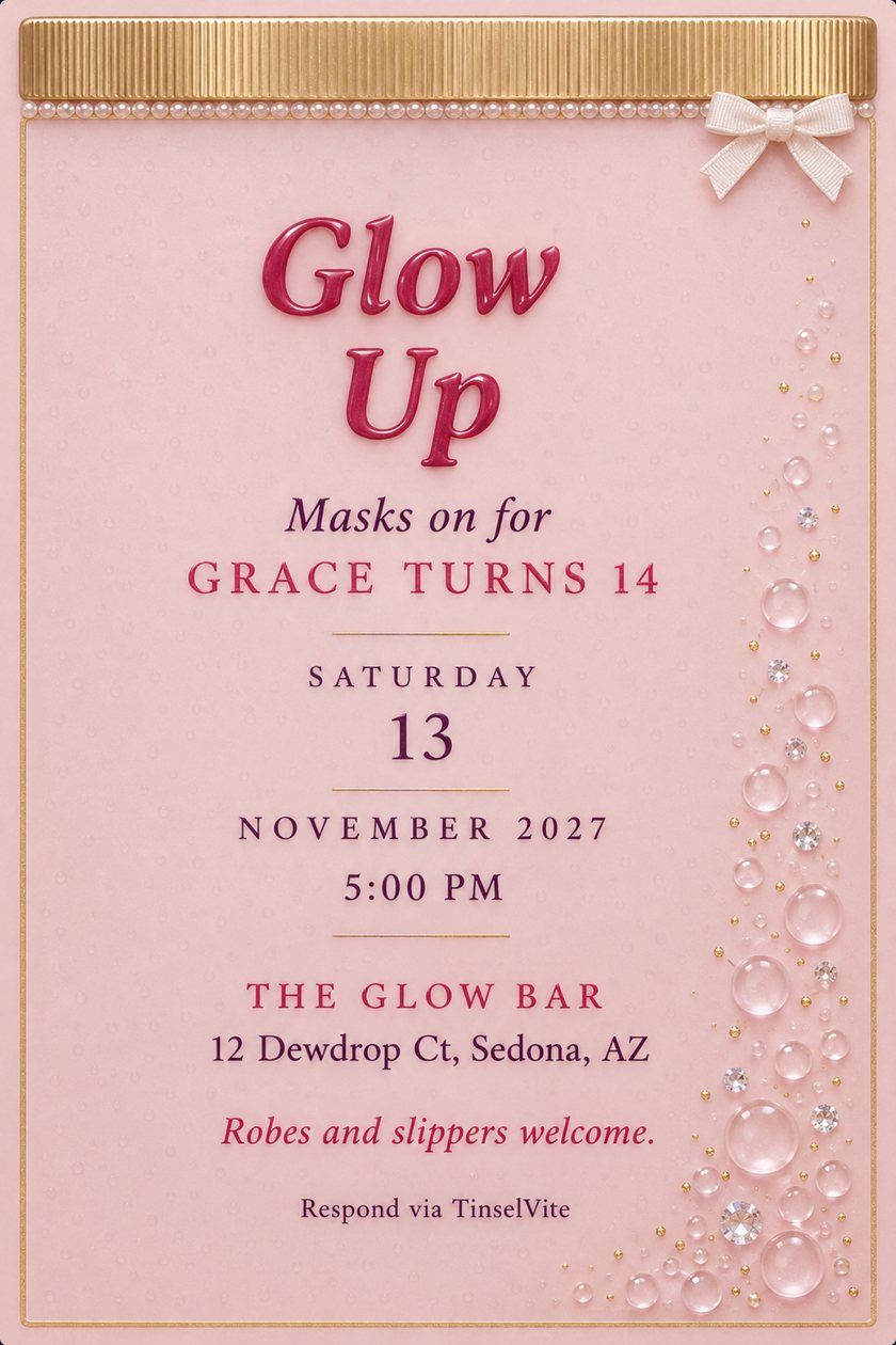 Frosted pale pink glass birthday invitation with a gold ridged jar cap, a white bow, clear bubbles up the right side and red gel lettering Glow Up, with the date and venue below.