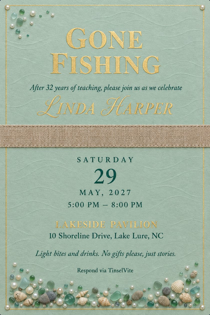 Retirement invitation on sage green paper with embossed waves, gold foil title Gone Fishing, a burlap band, and sea glass, shells and pearls below, with the date and venue.