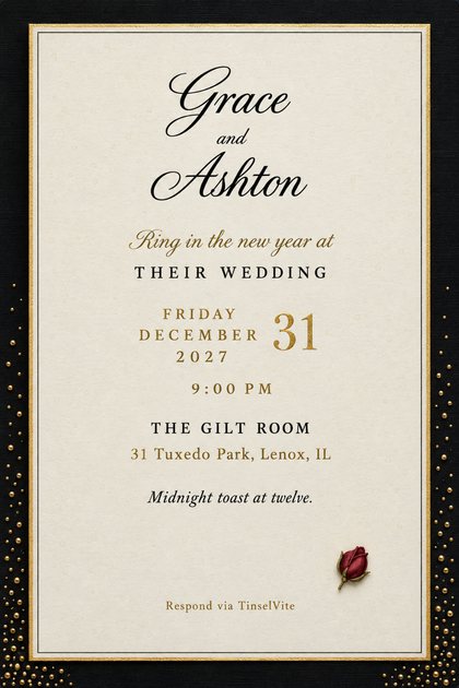 New Year's Eve wedding invitation: ivory card with a gold edge on black fabric, gold beads rising up both sides, a garnet rosebud, script names at top, date and venue below.