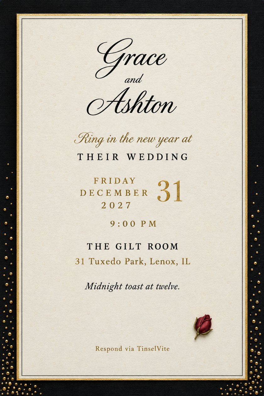 New Year's Eve wedding invitation: ivory card with a gold edge on black fabric, gold beads rising up both sides, a garnet rosebud, script names at top, date and venue below.