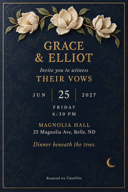 Wedding invitation on navy wool flannel with an arched branch of three raised cream magnolia blooms, gold stitched names as the largest line, and the date and venue below.