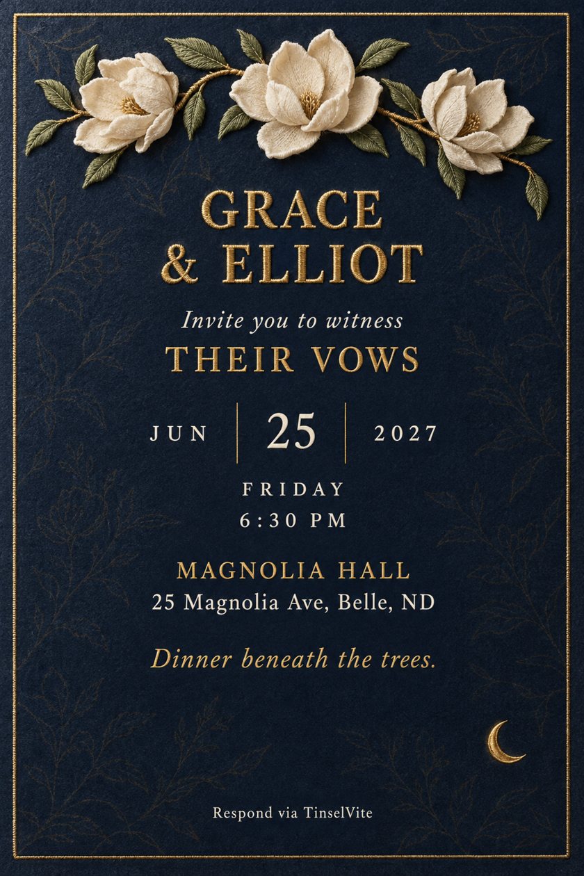 Wedding invitation on navy wool flannel with an arched branch of three raised cream magnolia blooms, gold stitched names as the largest line, and the date and venue below.