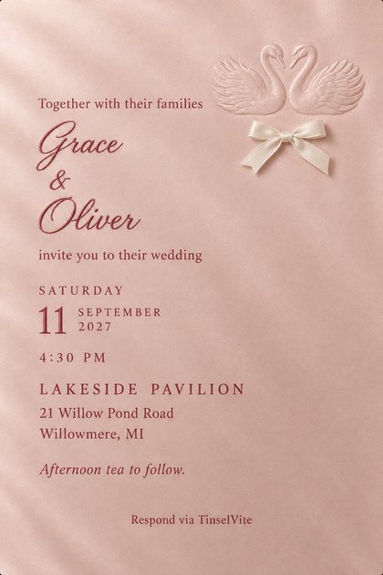 Blush satin card with two swans embossed tone on tone at the top right and a small ivory satin bow below them. Grace and Oliver in deep rose script, with the date and venue below.