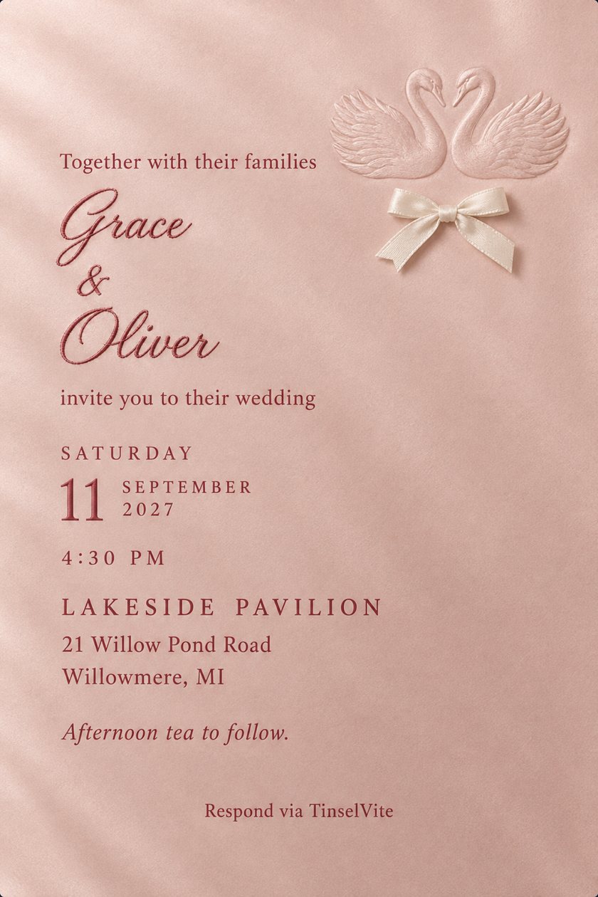 Wedding invitation: Blush satin card with two swans embossed tone on tone at the top right and a small ivory satin bow below them. Grace and Oliver in deep rose script, with the date and venue below.