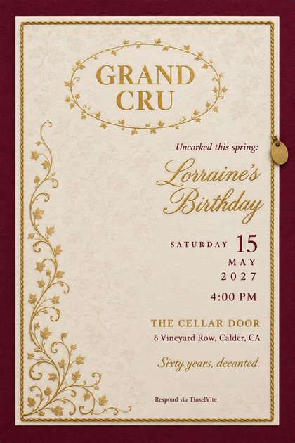 Birthday invitation: ivory card on bordeaux cloth, twisted gold cord, gold vine filigree up the left, a brass tag, and GRAND CRU in gold inside a vine oval.