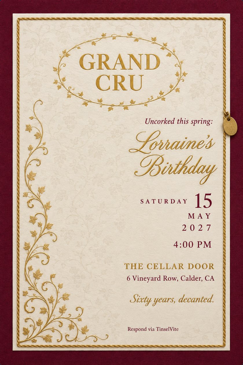 Birthday invitation: ivory card on bordeaux cloth, twisted gold cord, gold vine filigree up the left, a brass tag, and GRAND CRU in gold inside a vine oval.