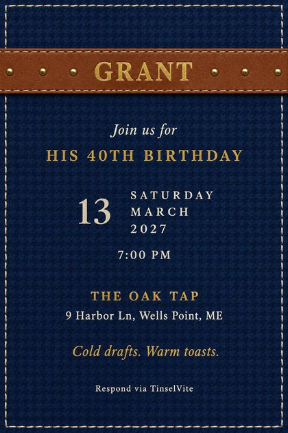 Navy houndstooth wool birthday invitation with a cognac leather band across the top stamped GRANT in brass, brass rivets, a cream stitched border, and the date and venue below.