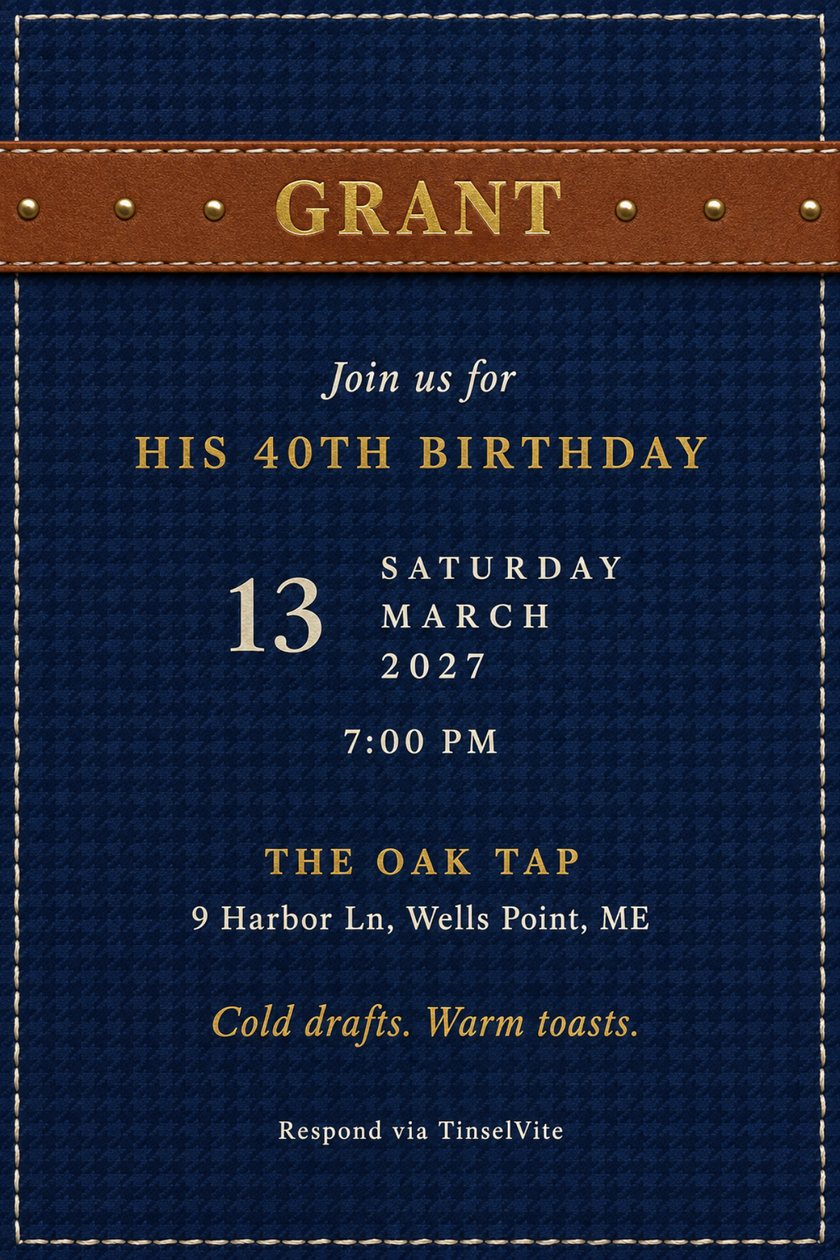 Navy houndstooth wool birthday invitation with a cognac leather band across the top stamped GRANT in brass, brass rivets, a cream stitched border, and the date and venue below.