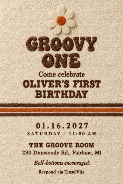 Cream terry cloth card with a felt daisy appliqué at the top, chunky brown embroidered lettering reading GROOVY ONE, brown and orange stripes across the middle, and the date and venue below.