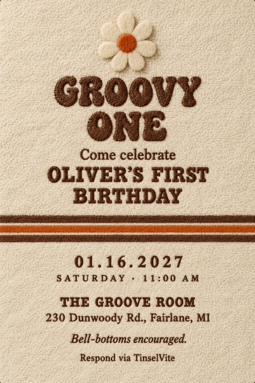 Birthday invitation: Cream terry cloth card with a felt daisy appliqué at the top, chunky brown embroidered lettering reading GROOVY ONE, brown and orange stripes across the middle, and the date and venue below.