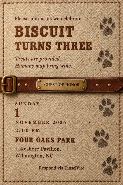 Oatmeal tweed card with a leather collar strap across the middle, brass plate reading GUEST OF HONOR, slab serif BISCUIT TURNS THREE above, charcoal paw prints up the right, date and venue below.