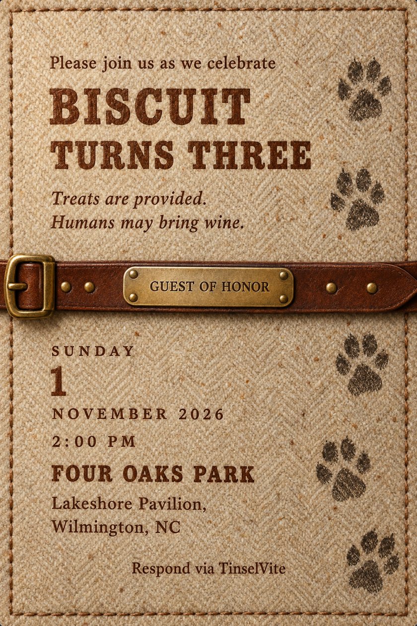 Oatmeal tweed card with a leather collar strap across the middle, brass plate reading GUEST OF HONOR, slab serif BISCUIT TURNS THREE above, charcoal paw prints up the right, date and venue below.