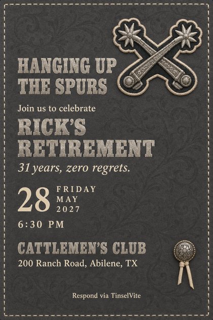 Gray suede card with cream stitching. An antique silver spur hangs from a brass hook at top left, a stamped rawhide date tag at right. Silver slab capitals read HANGING UP THE SPURS, details below.