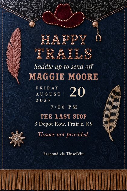 Going away invitation on indigo denim with a black paisley yoke, a studded burgundy velvet cowgirl hat, two feather patches, suede fringe and the heading Happy Trails.