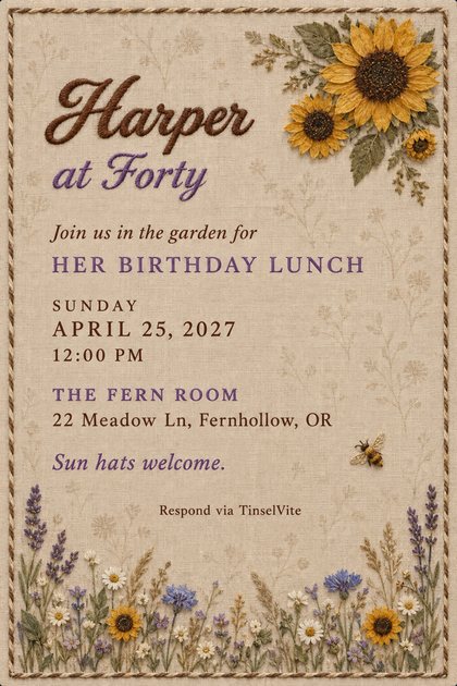 Birthday invitation on oat linen with stitched script Harper at Forty, embroidered sunflowers top right, a bee, a wildflower meadow along the foot and a cord border.
