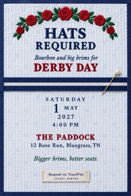 Derby day watch party invitation on pale blue seersucker with an arch of embroidered red roses, a navy striped hatband and gold hat pin, and the words Hats Required.