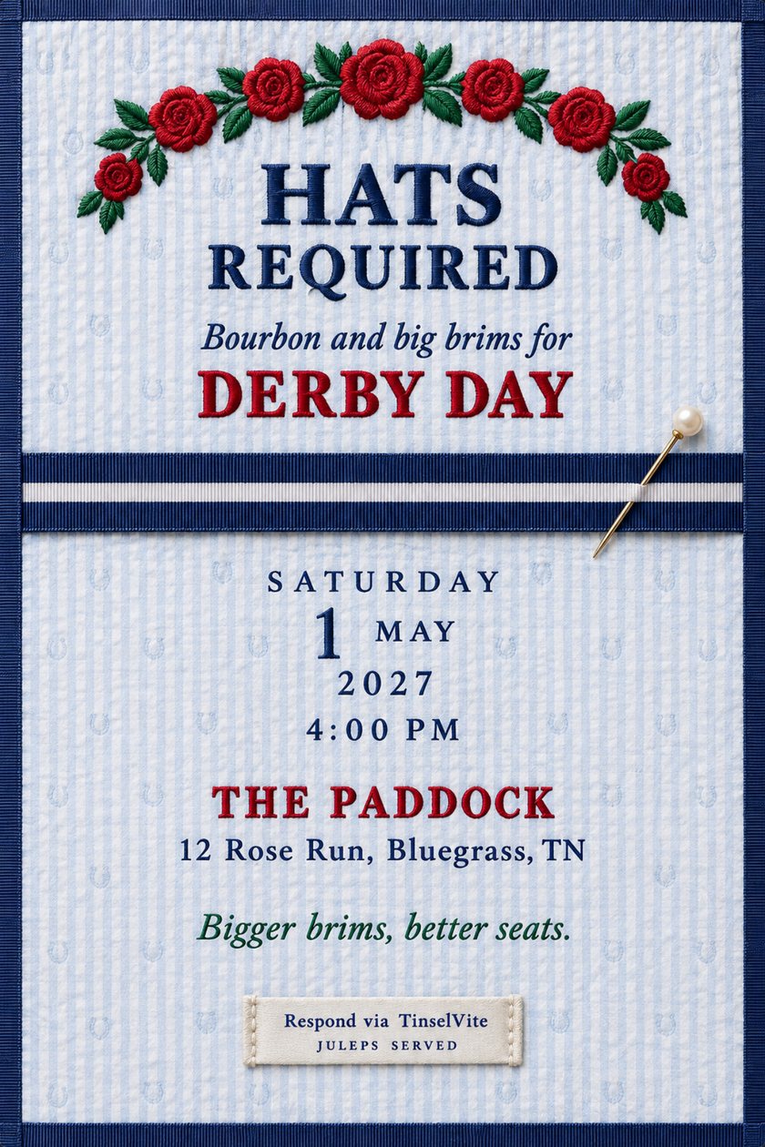 Derby day watch party invitation on pale blue seersucker with an arch of embroidered red roses, a navy striped hatband and gold hat pin, and the words Hats Required.