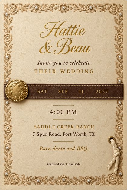 Wedding invitation on cream tooled leather with a carved rose border, a stitched brown strap and gold buckle holding the date, and gold script names at the top.
